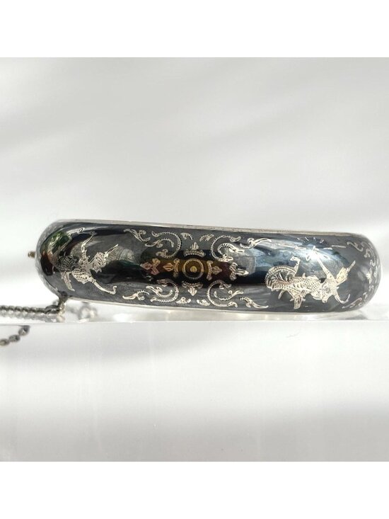 Siam Sterling Silver 925 Hand Carved Hinged Enclosure Vintage Bangle Bracelet - Picture 1 of 16